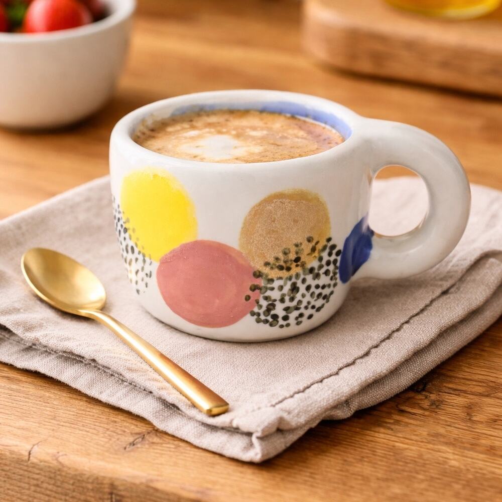 Abstract Art Pottery Mug Cream Multicolor Dots Blue Interior